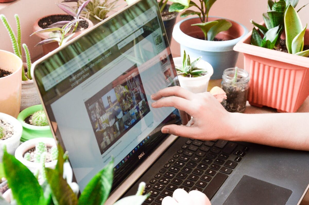 A woman engaging in online activities on a laptop surrounded by houseplants.